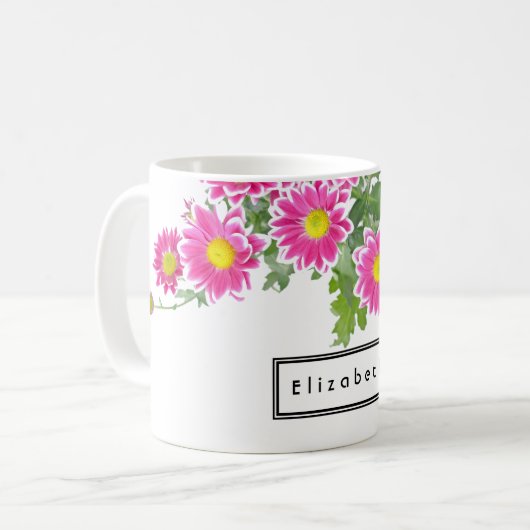 ピンクと白のフレッシュデイジーの花パーソナライズされた コーヒーマグカップ (正面左)