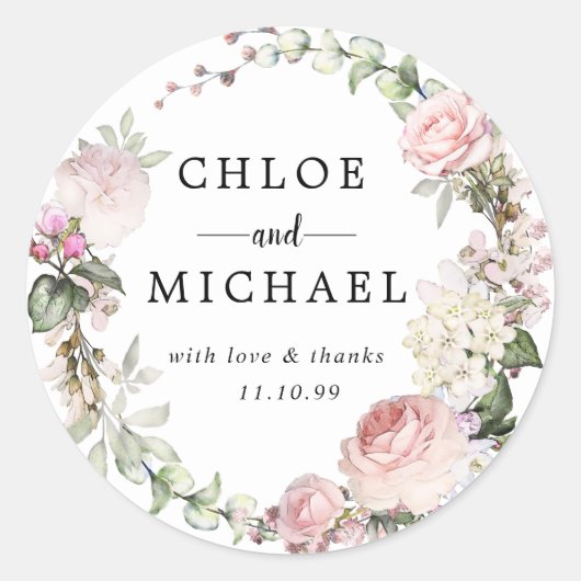 ピンクと白のフローラの結婚お気に入りシール ラウンドシール (正面)