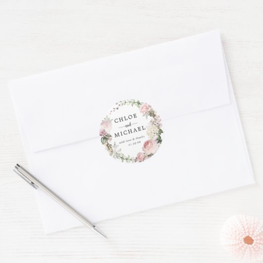 ピンクと白のフローラの結婚お気に入りシール ラウンドシール (封筒)