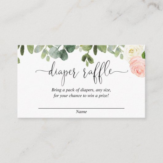 ピンクと白のフローラの緑の女の子おむつラッフル エンクロージャーカード (正面)