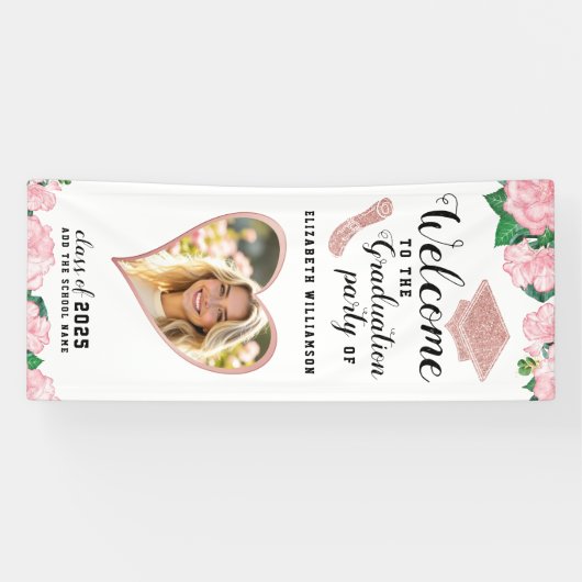 ピンクと白のフローラエレガント卒業へようこそ 横断幕 (横)