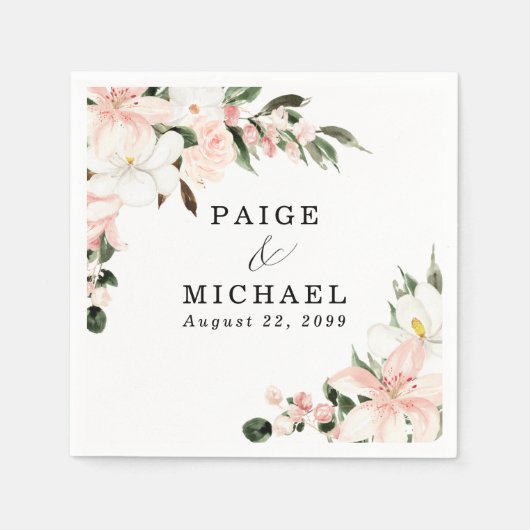 ピンクと白のフローラカスタムウェディング スタンダードカクテルナプキン (正面)