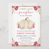 ピンクと白のフローラカボチャ秋ベビーシャワー 招待状 (正面)