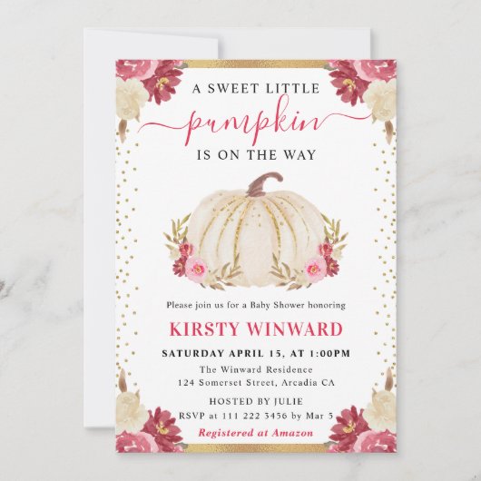 ピンクと白のフローラカボチャ秋ベビーシャワー 招待状 (正面)