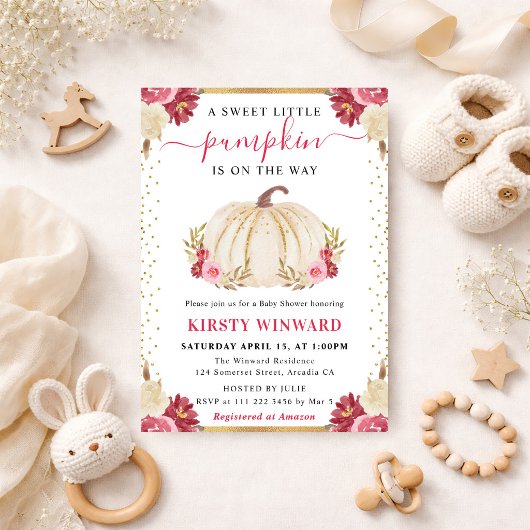 ピンクと白のフローラカボチャ秋ベビーシャワー 招待状