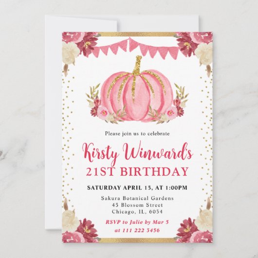 ピンクと白のフローラカボチャ秋21日 招待状 (正面)
