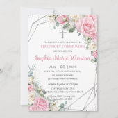 ピンクと白のフローラシルバー最初の聖餐式 招待状 (正面)