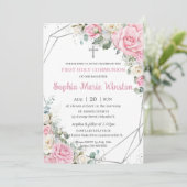 ピンクと白のフローラシルバー最初の聖餐式 招待状 (スタンド正面)