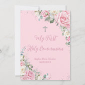 ピンクと白のフローラシルバー最初の聖餐式 招待状 (裏面)