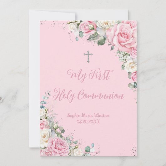 ピンクと白のフローラシルバー最初の聖餐式 招待状 (裏面)