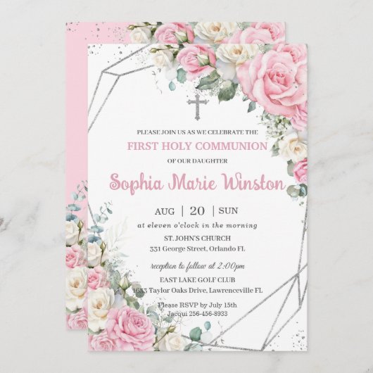 ピンクと白のフローラシルバー最初の聖餐式 招待状 (正面/裏面)
