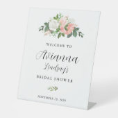 ピンクと白のフローラブライダルシャワーへようこそ 台座サイン (正面)