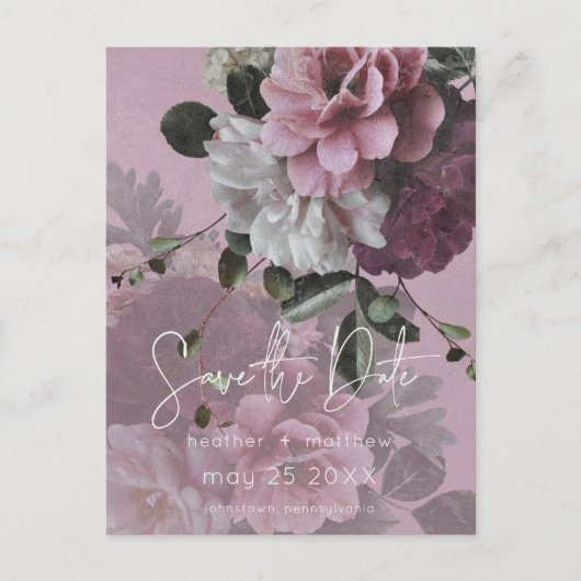 ピンクと白のフローラモダン日付の保存 案内ポストカード (正面)