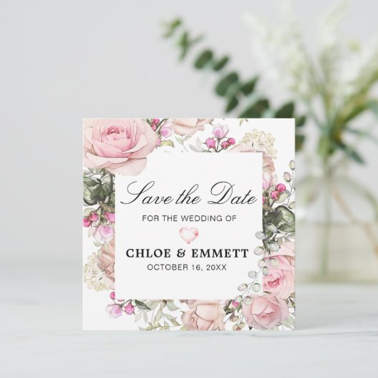 ピンクと白のフローラ日付の保存 招待状 (スタンド正面)