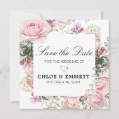 ピンクと白のフローラ日付の保存 招待状 (正面)