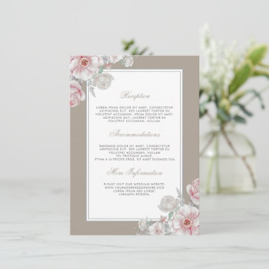 ピンクと白のフローラ結婚の情報ゲスト エンクロージャーカード (スタンド正面)