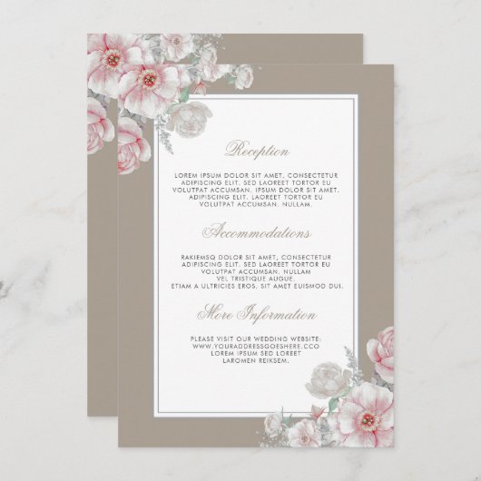 ピンクと白のフローラ結婚の情報ゲスト エンクロージャーカード (正面/裏面)