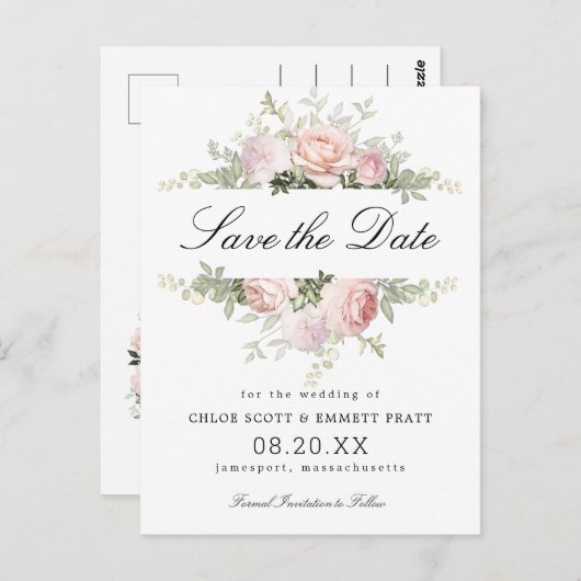 ピンクと白のフローラ結婚式の日付を保存 ポストカード (正面/裏面)