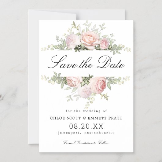 ピンクと白のフローラ結婚式の日付を保存 マグネット招待状 (正面)