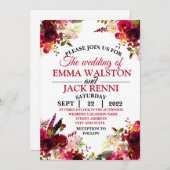 ピンクと白のフローラ緑の結婚式招待状 招待状 (正面/裏面)
