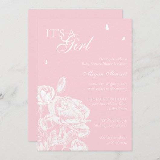 ピンクと白のフローラ蝶のベビーシャワー 招待状 (正面/裏面)