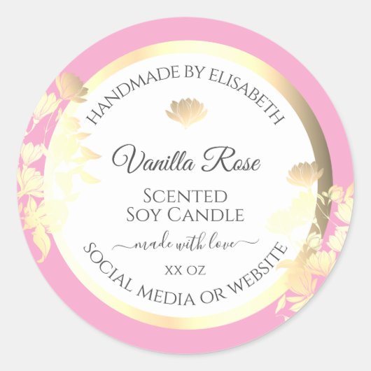 ピンクと白のフローラ製品ラベル金ゴールド花 ラウンドシール (正面)