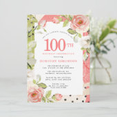ピンクと白のフローラ100番目の誕生日招待状 招待状 (スタンド正面)