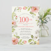 ピンクと白のフローラ100番目の誕生日招待状 招待状 (スタンド正面)