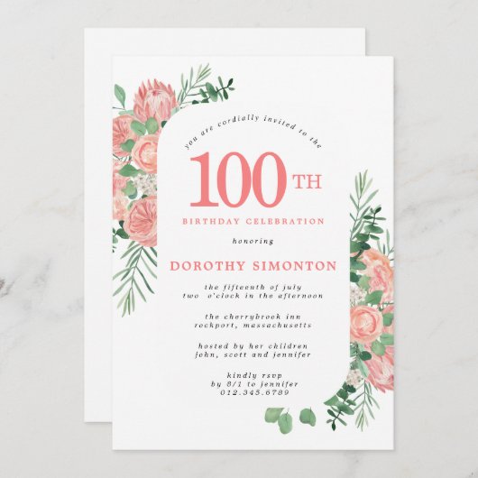 ピンクと白のフローラ100誕生日 招待状 (正面/裏面)