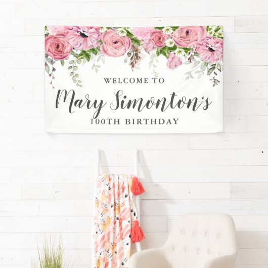 ピンクと白のフローラ100th誕生日パーティーへようこそ 横断幕 (インサイチュ)