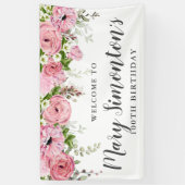 ピンクと白のフローラ100th誕生日パーティーへようこそ 横断幕 (縦)