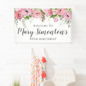 ピンクと白のフローラ80th Birthday Party Welcome 横断幕 (インサイチュ)