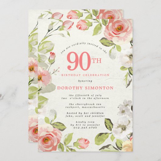 ピンクと白のフローラ90誕生日 招待状 (正面/裏面)