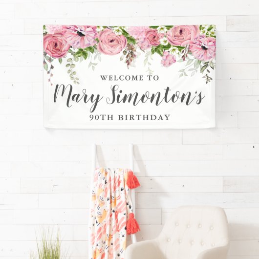 ピンクと白のフローラ90th誕生日パーティーへようこそ 横断幕 (インサイチュ)