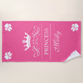 ピンクと白のプリンセスクラウン&犬の足の名前 ビーチタオル (正面)