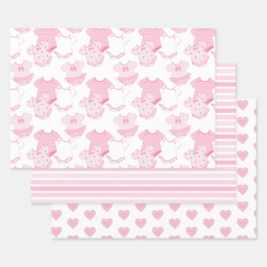 ピンクと白のベビーガールの服 ラッピングペーパーシート (セット)