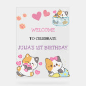 ピンクと白のベビーガールバースデーへようこそ アクリルサイン (正面)