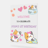 ピンクと白のベビーガールバースデーへようこそ アクリルサイン (傾斜)