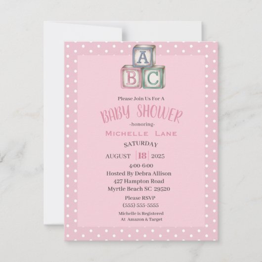 ピンクと白のベビーブロックガールシャワー招待状 招待状 (正面)