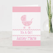 ピンクと白のベビーベビーカー誕生のお知らせ カード (正面)