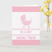 ピンクと白のベビーベビーカー誕生のお知らせ カード (黄色い花)