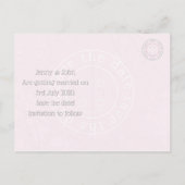 ピンクと白のボタン付きの「Save the date」ポストカード 案内ポストカード (裏面)