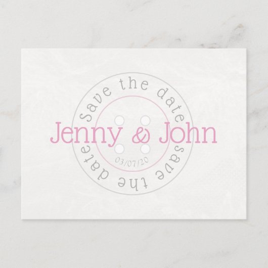 ピンクと白のボタン付きの「Save the date」ポストカード 案内ポストカード (正面)