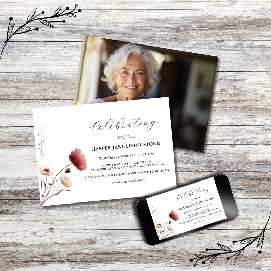 ピンクと白のポピーの葬儀メモリアル 招待状