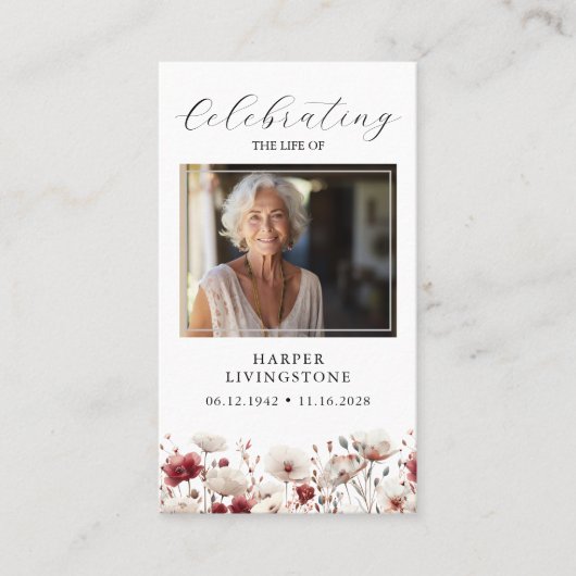 ピンクと白のポピー写真記念祈りの言葉カード 名刺 (正面)