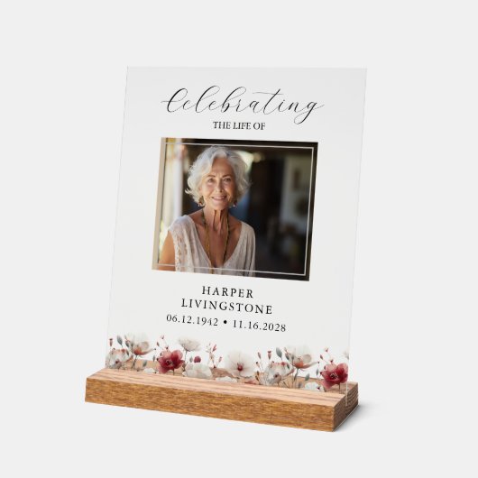 ピンクと白のポピー写真追悼碑8 x 10 アクリルサイン (傾斜)