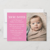 ピンクと白のポルカドット写真ベビー賛美ズ 招待状 (正面)