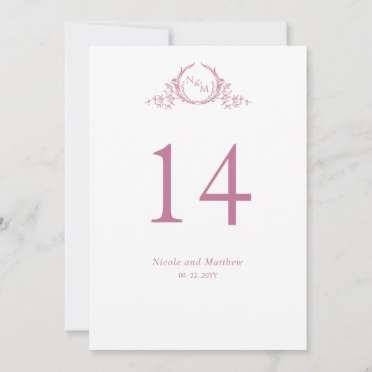 ピンクと白のモノグラム結婚のテーブル番号 (裏面)