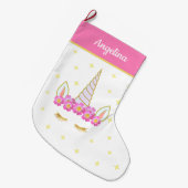 ピンクと白のユニコーンの花と星 ラージクリスマスストッキング (正面 (吊り時))