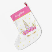 ピンクと白のユニコーンの花と星 ラージクリスマスストッキング (裏面 (吊り時))